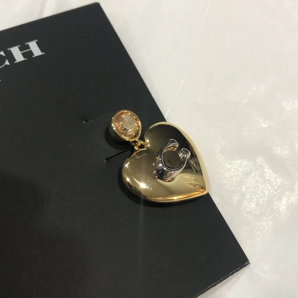 Coach gold plated puffy heart shape citrine gemstone look dangling stud earrings - Picture 7 of 14
